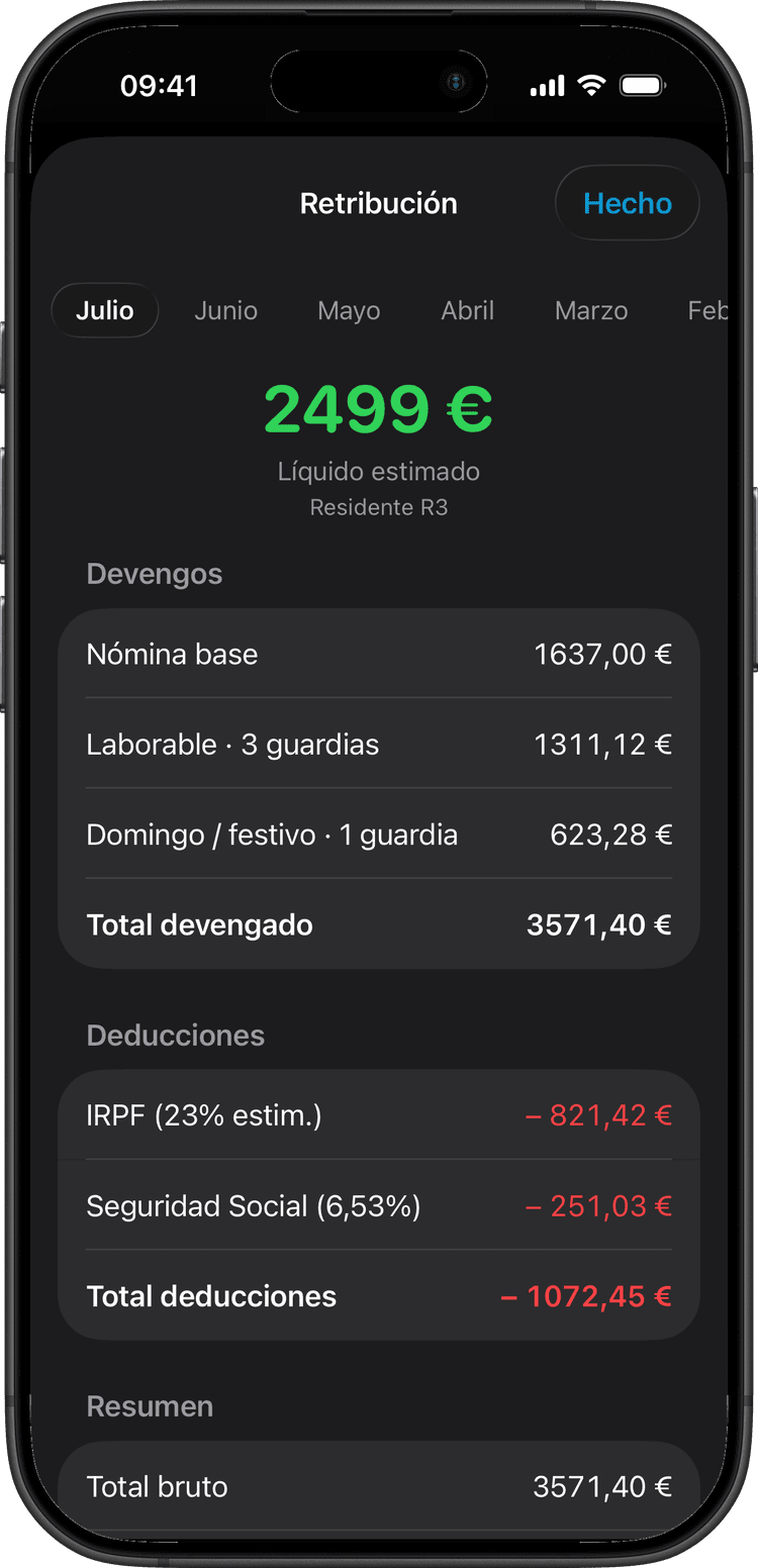 Desglose de retribución en TuGuardIA en modo oscuro, para un residente R3: nómina base más las guardias de julio, con IRPF y Seguridad Social — líquido estimado 2.499 €